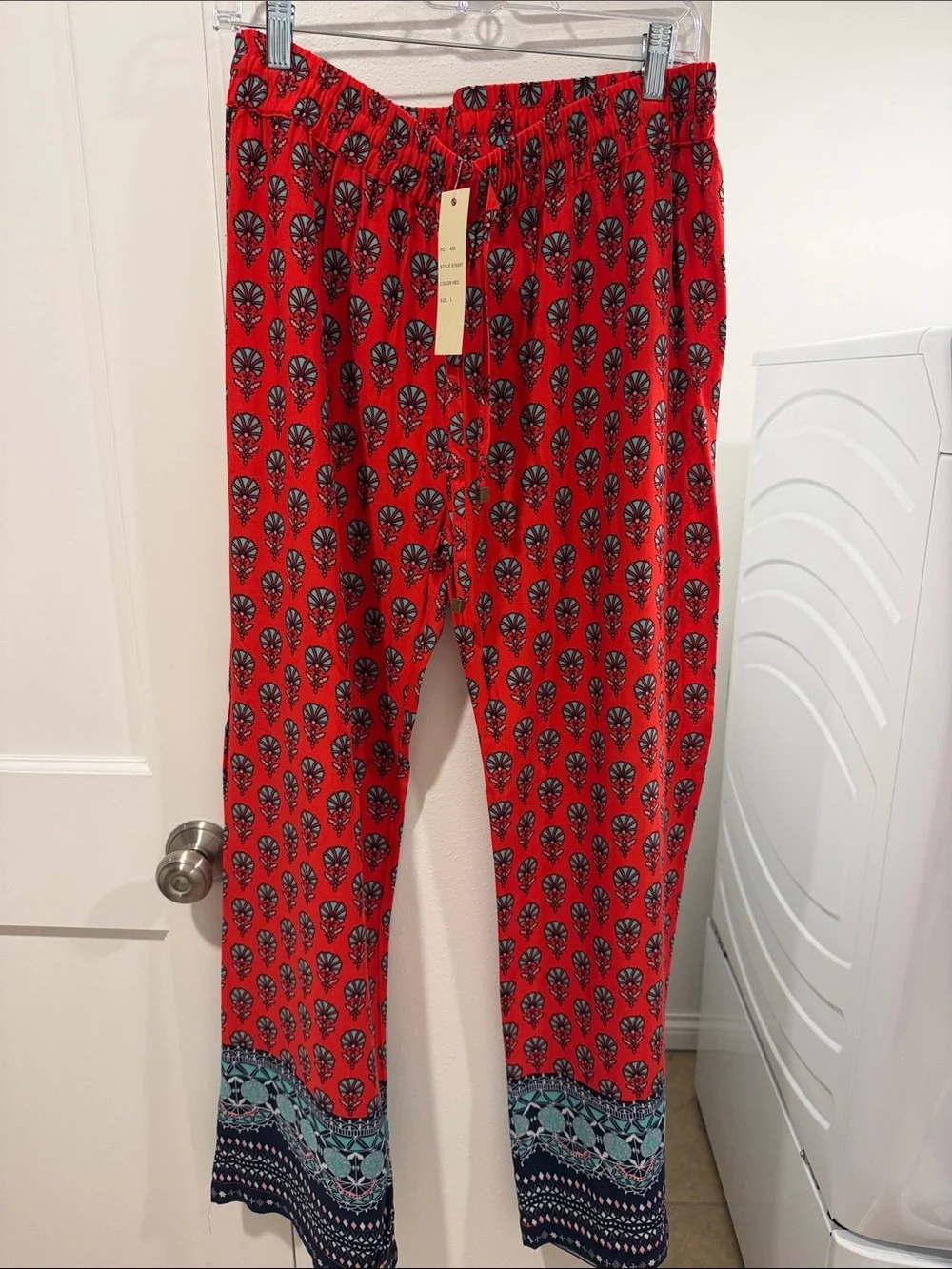 Red Patterned Women’s Pants with Blue Border